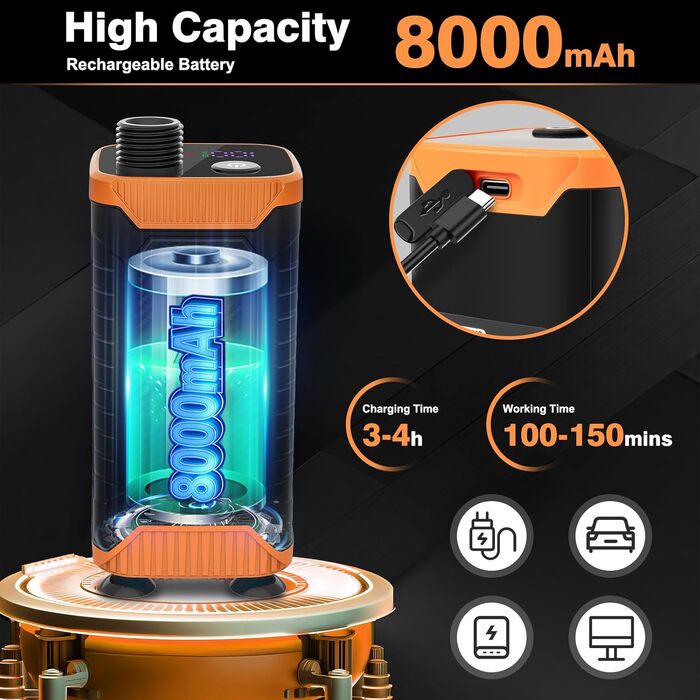 Портативний кемпінговий душ Uplayteck з акумулятором 8000mAh, помпою, фільтром та індикатором температури, водонепроникний IPX8, шланг 2м — для подорожей, кемпінгу та саду
