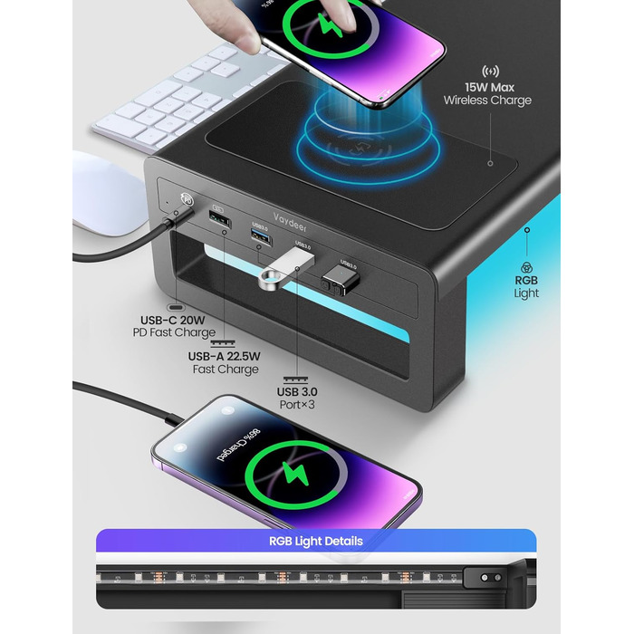Підставка для монітора VAYDEER USB 3.0 з бездротовою зарядкою та передачею даних, металевий тримач для ноутбуків та комп'ютерів до 32 дюймів, чорний, L