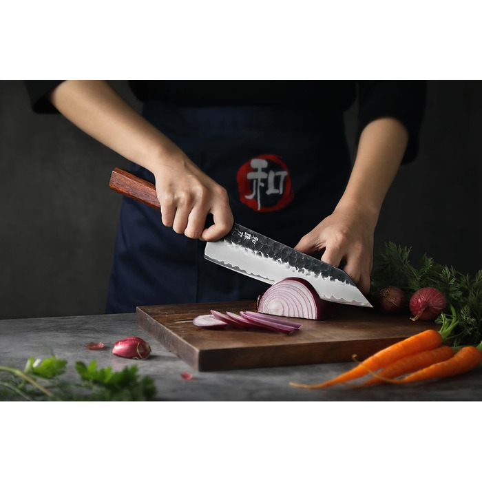 Професійний японський ніж Kiritsuke HEZHEN 21,5 см, кухонний ніж із 3-шарової дамаської сталі з восьмигранною ручкою з червоного дерева та дерев'яним чохлом