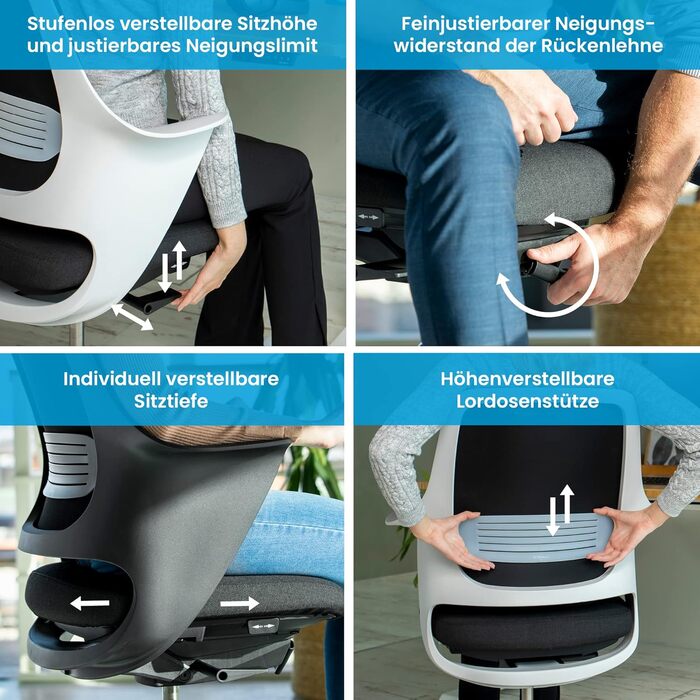Ергономічне крісло Ergotopia WellBack, Made in Germany, з підтримкою попереку та синхромеханікою для офісу та дому. Рама: білий, оббивка: сірий (Рама: білий - оббивка: блакитний)