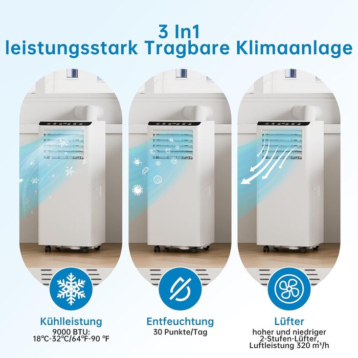 Мобільний кондиціонер 4-в-1 Leises 9000 BTU: охолодження, вентиляція, осушення, Follow-Me. Для кімнат до 43-51 м². З пультом, таймером на 24 год, цифровим дисплеєм та вивідним шлангом (білий)