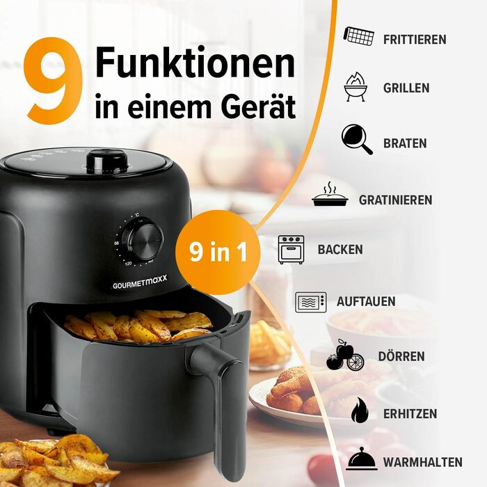 Аерофритюрниця GOURMETmaxx 2,3 л з таймером і сенсорним екраном, 8 функцій, 7 програм, енергозберігаюча, майже без олії, міні-піч, 1000 Вт, чорна