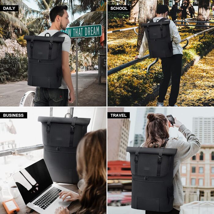 Великий водонепроникний рюкзак LOVEVOOK для ноутбука 17,3'' Rolltop, для жінок і чоловіків, шкільний, дорожній, ручна поклажа для літака, чорний