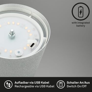 BRILONER LED бездротова настільна лампа з диммером, сенсорним керуванням, регульована по висоті, акумуляторна, нічник, лампа для читання, кемпінгу, столу, для дому та вулиці, срібляста, 36x10,5 см