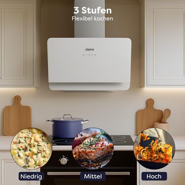 Похила витяжка для кухні CIARRA CBCS6765C 60 см, сталь та скло, білий/сріблястий, 580 м³/год, з вугільним фільтром CBCF055, сенсорне керування, настінний монтаж, клас A+
