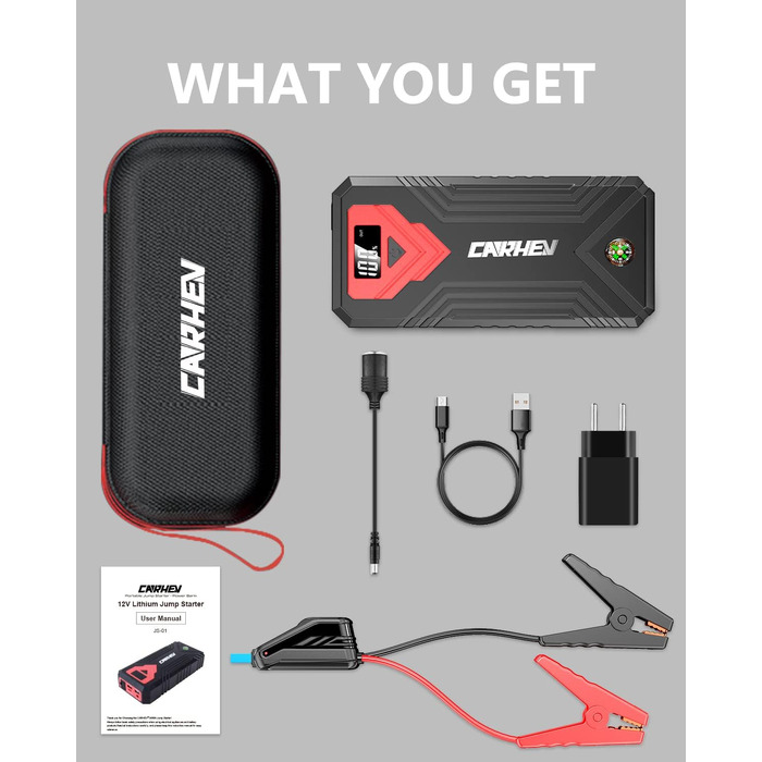 Бустер для авто CARHEV Jump Starter 3000A — Пусковий пристрій з LCD-дисплеєм для бензинових (до 8л) та дизельних (до 8л) двигунів, 12V Powerbank з USB швидкою зарядкою та LED-ліхтарем