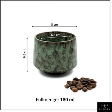 Набір чашок для еспресо та мокко Pheniox Tibet Mini, керамічні, 100 мл, 5 предметів, зелені, без ручок, підходять для посудомийки