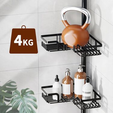 Кутовий телескопічний стелаж для ванної кімнати KEGII, 4 полиці з гачками, без свердлення, регульована висота 63.5-290 см, чорний