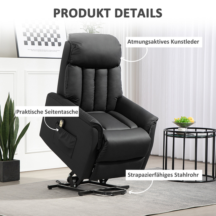 Електричне телевізійне крісло HOMCOM Recliner з допоміжним засобом для сидіння, функцією відкидання, масажне крісло з підніжкою, бічною кишенею, пультом дистанційного керування, для вітальні, до 150 кг, штучна шкіра, чорний