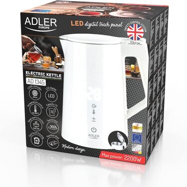 Електрочайник ADLER AD 1345W, 1.7 л, білий, 2200 Вт