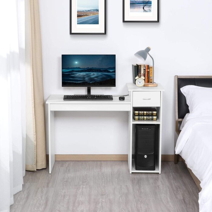 Стіл для комп'ютера Yaheetech 112x82x50 см, білий, з висувною шухлядою та 2 полицями з МДФ, офісний письмовий стіл