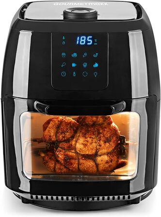 GOURMETmaxx цифрова аерофритюрниця XXL 9 л, 1800 Вт, чорна — електрична повітряна фритюрниця з таймером, сенсорним дисплеєм, 8 програмами, вертелом і шампурами для шашлику, для здорового та енергоощадного приготування