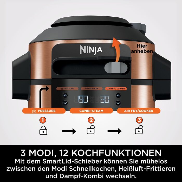 Мультиварка Ninja Foodi MAX 7,5 л 12-в-1 з технологією SmartLid, тиск, аерофритюр, повільне приготування, мідна/чорна, модель OL650EUCP