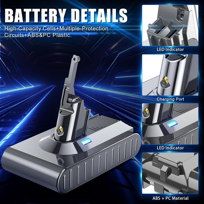 Акумулятор для пилососа Dyson V6 8000mAh з LCD-дисплеєм, сумісний з DC58-DC74, фільтри в комплекті (сірий)