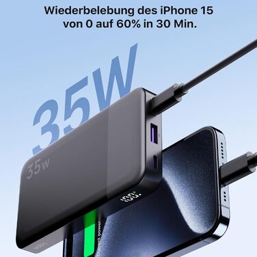 Power Bank NOBIS 35W 10000mAh з цифровим дисплеєм, USB-C, PD, QC, для смартфонів, планшетів, камер (Чорний)