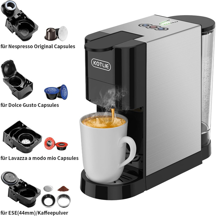 Кавомашина KOTLIE Espresso 4-в-1 для NES/Dolce Gusto/меленої кави/ESE (44мм), 19 Бар, Чорна