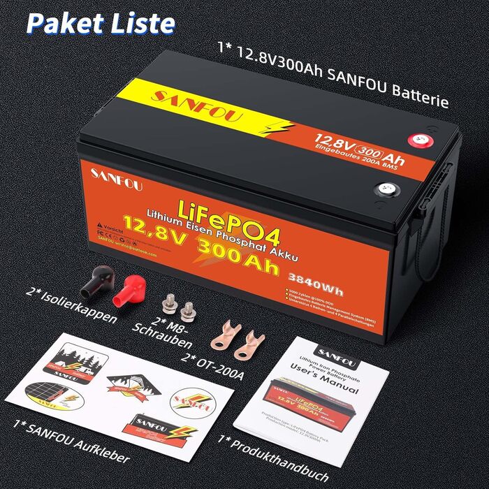 LiFePO4 акумулятор 12V 200Ah 2560Wh з BMS 100A, літієва батарея Deep Cycle для кемпінгу та автобудинків, підтримка 4S4P