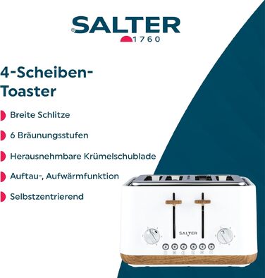 Тостер SALTER Toronto 4-слотовий, білий – широкий простір для хліба, 6 режимів підсмажування, розморожування, підігрів, функція скасування, підйом хліба