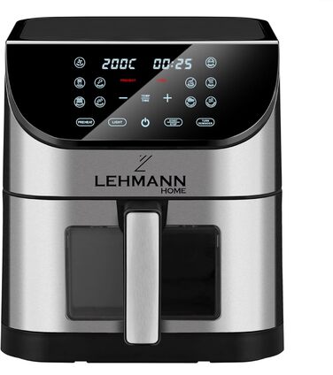 Аерофритюрниця Lehmann XXL 8 л з оглядовим вікном, без масла, 1800 Вт, з підсвіткою, температурний контроль до 200°C, 10 програм, таймер, сенсорне управління