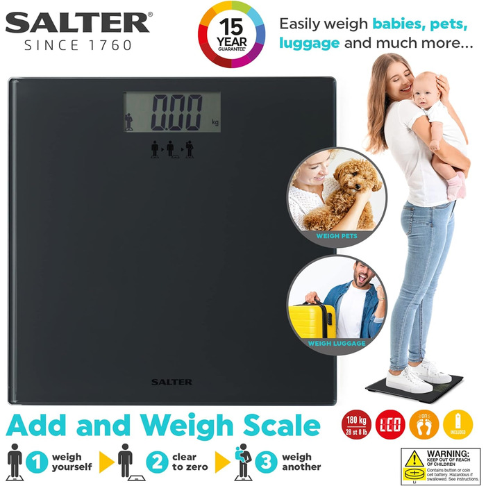 Ваги для ванної Salter з функцією тара, LCD-дисплей, до 180 кг, підходять для зважування немовлят, модель SA00300 GGFEU16