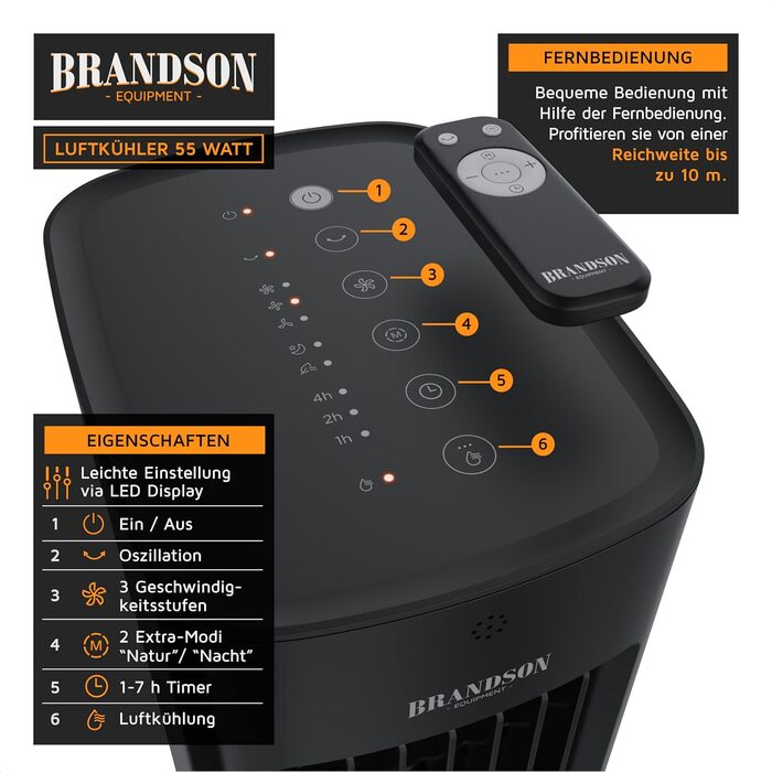 Вентилятор вежі з водяним охолодженням Brandson 4-в-1: випаровувальний охолоджувач, вентилятор, без вихлосної труби, надзвичайно тихий, чорний матовий
