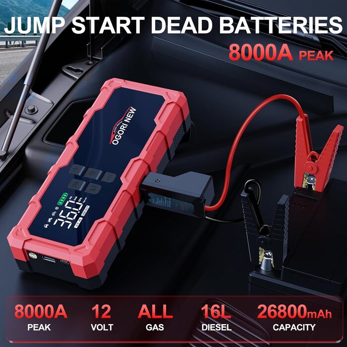 Powerbank для автомобіля Starthilfe з компресором та LED-ліхтариком, 6000A, 12V, для 8L бензину/10L дизеля