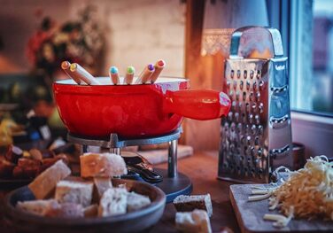 Набір для фондю BBQ-Toro з чавуну на 6 осіб, 2 л, 9 предметів (з пальником та вилками) для сиру, м'яса та шоколаду, емальований, чорний/кремовий