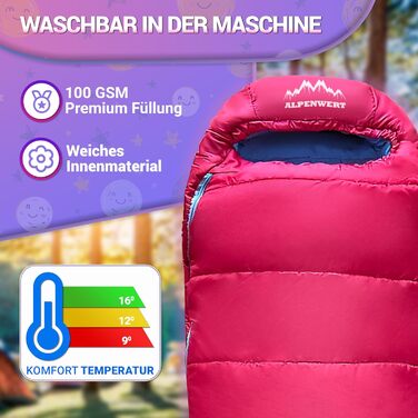 Дитячий літній спальний мішок ALPENWERT для дітей від 6 років (130–170 см), компактний мумія-спальник для кемпінгу та фестивалів, рожевий/блакитний