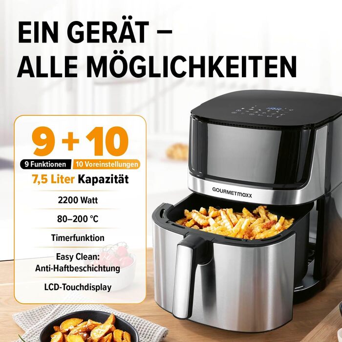 GOURMETmaxx 4в1 цифрова аерофритюрниця 2200 Вт, 7,5 л, нержавіюча сталь/чорна, 10 програм, енергозберігаюча, сенсорний дисплей, таймер