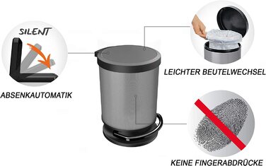 Смітник Rotho Paso 20 л з педаллю та кришкою, пластик, BPA-free, карбон металік