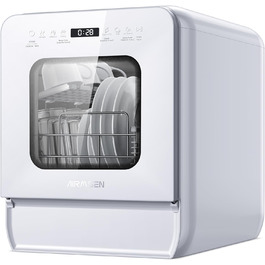Мийка посуду AIRMSEN Mini для столу з резервуаром для води, ополіскувачем, 9 програм, 37*50 см, ультра-вузька, таймер 1-24 год, 360° подвійний розпилювач, шланг/без шланга, білий