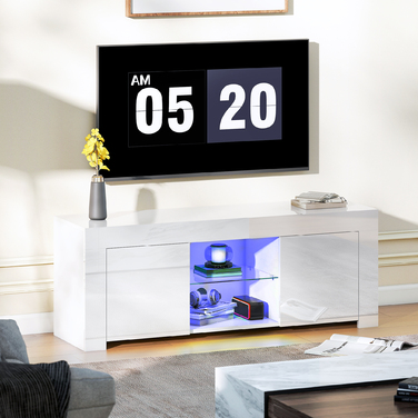 Телевізійна тумба з LED-підсвіткою, 2 дверцятами, скляною полицею, отворами для кабелів, для вітальні, виготовлена з ДСП, білого кольору.