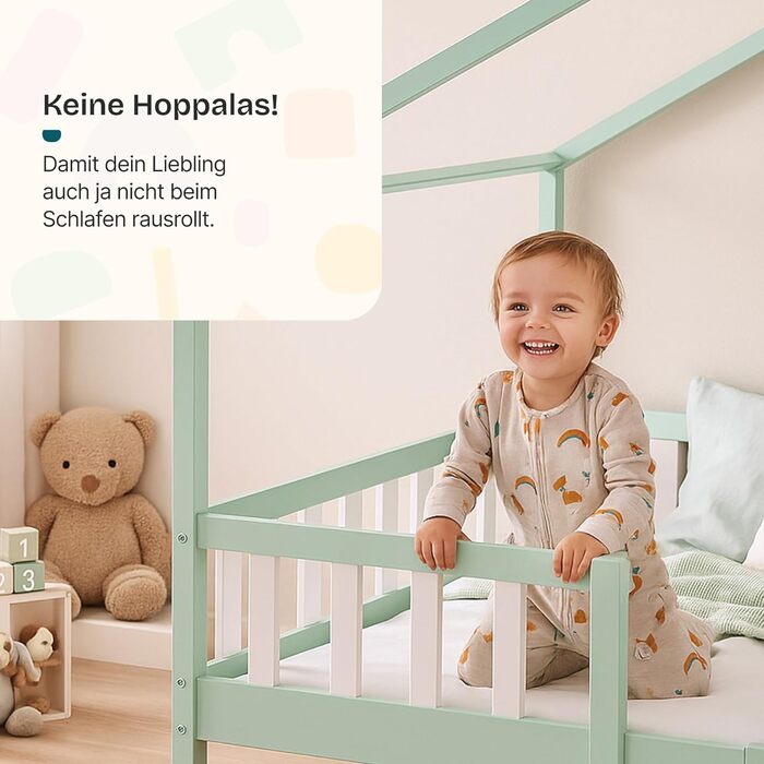Дитяче ліжко Treviolo Hausbett від en.casa: дерев'яне ліжко Montessori з захистом від падіння, 120x200 см, сосна, колір дерева (м'ятний/білий)