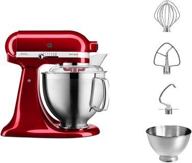 Кухонна машина KitchenAid Artisan — планетарний міксер з 2 чашами та 3 насадками з нержавіючої сталі, 4.8 л, колір: червоний (Liebesapfelrot)