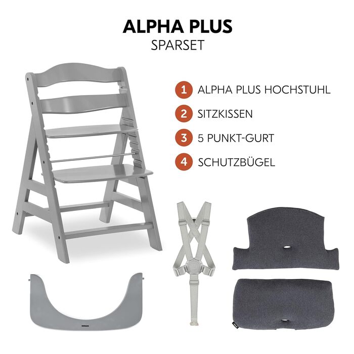 Дитячий високий стільчик Hauck Alpha+ з дерева, регульована висота, з подушкою, захисний бампер та ремінь, від 6 місяців (подушка: джерсі Charcoal, сірий)
