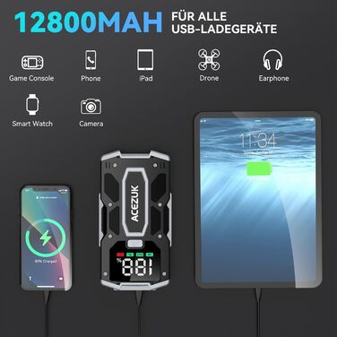 Портативний зарядний пристрій Starthilfe Powerbank 5000A для автомобіля з LED-ліхтариком, великим екраном (6000A) чорний M01