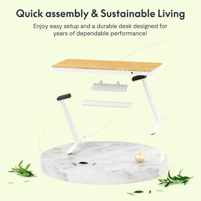 Електричний стіл FLEXISPOT Q8 з бездротовою зарядкою, висувним ящиком та системою організації кабелів, 140x70 см, бамбукова стільниця, біла рама
