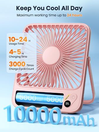 Вентилятор акумуляторний Warmco 10000mAh 21 см, рожевий: для офісу, подорожей, кемпінгу - до 24 годин роботи, тихий, з цифровим дисплеєм
