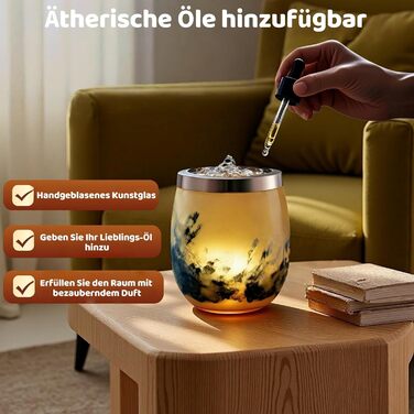 Декоративний настільний фонтан VOREEN з підсвіткою LED, жовте скло ручної роботи, 15 см