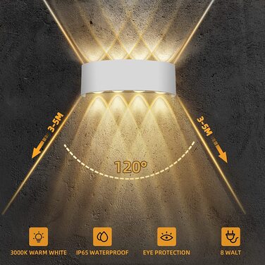 Світильник настінний Lureshine, 2 шт., алюміній, 8 Вт, LED, 3000K, IP65, білий, для вітальні, внутрішній і зовнішній монтаж, 22x8x5 см, тепле світло, ап-даун