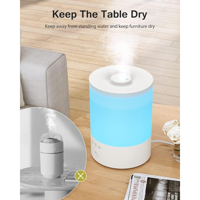 Зволожувач повітря Maxcio Top-Fill 2.5л з RGB підсвіткою та аромадифузором, ультразвуковий, без BPA, для спальні, дитячої, рослин - 30 годин роботи, 28 дБ