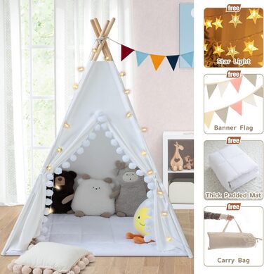 Дитяче намет Tipi з м'якою матрацом, бавовна, канвас. Намет Tipi для дітей з гірляндою зірочок, сумкою, прапорцем (білий)