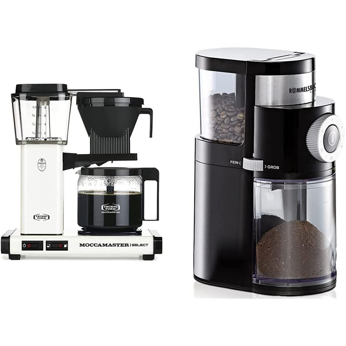 Кавоварка крапельна Moccamaster KBG Select 1.25 л, офф-вайт + кавомолка Rommelsbacher EKM 200, регулювання помолу, 250 г, 110 Вт, чорна – комплект для приготування кави
