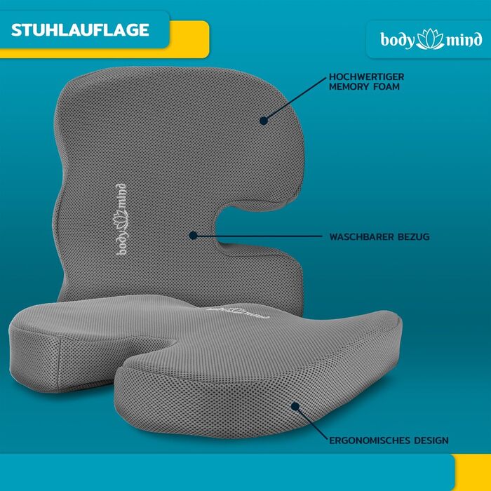 Ортопедична подушка Body & Mind® для сидіння, клиноподібна, ергономічна накладка на стілець і автомобіль, зменшує біль, покращує кровообіг, знімає навантаження з куприка і хребта, м'яка (H1, 40-60 кг)