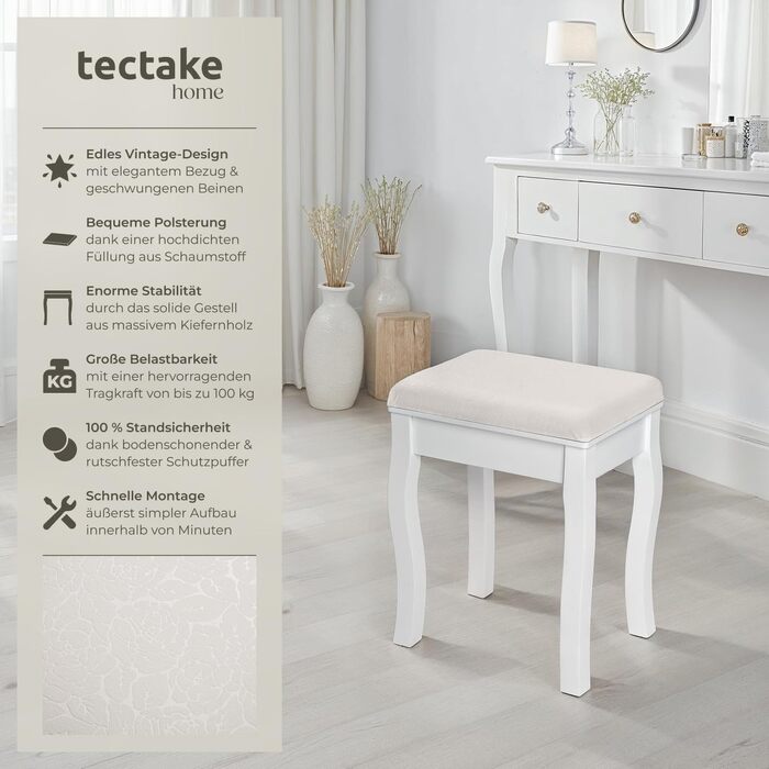 Пуф для макіяжу Tectake білий 40x30x51 см, стілець для туалетного столика, банкетка для піаніно, вінтажний декор