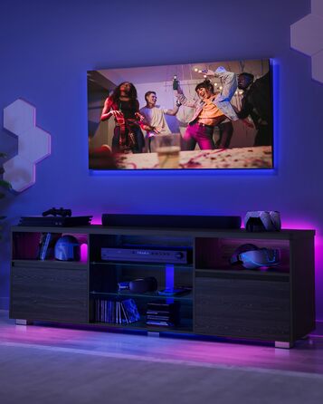 TV-тумба VASAGLE Kailyn LTV331T10 чорна з LED підсвіткою під телевізор до 70 дюймів, з полицями та шафками для вітальні