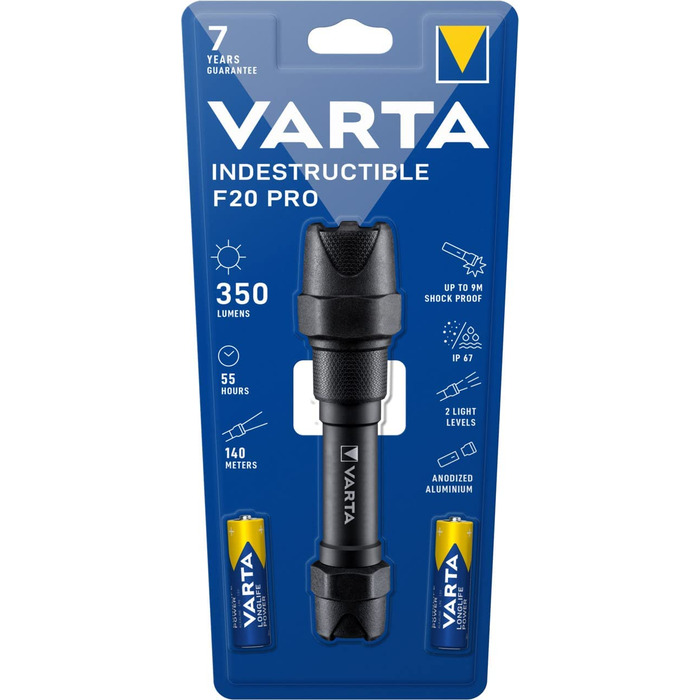 Ліхтарик VARTA Indestructible F20 Pro LED 6 Вт з батарейками AA, водонепроникний, пилозахищений, робочий ліхтар з двома режимами освітлення, надміцний