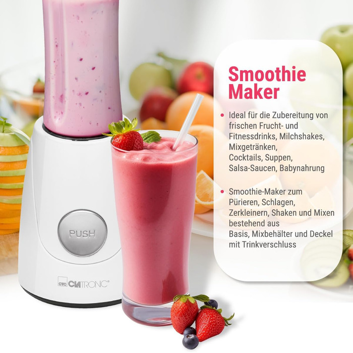 Блендер Clatronic SM 3593, 250Вт, для смузі, шейків, супів та соусів, білий, міксер з чашею-тримачем для напоїв