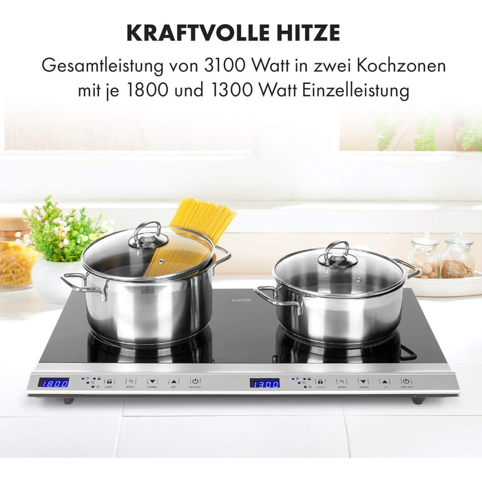 Портативна індукційна плита Klarstein Cucinata, подвійна, 3100 Вт, сенсорне управління, таймер, захист від перегріву, блокування від дітей, 10 рівнів потужності, сенсор для посуду, склокераміка, срібляста