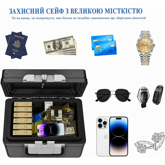 Вогнетривкий і водонепроникний портативний сейф WASJOYE 21 л із замком і ручкою для дому, офісу, авто, готелю, подорожей, 16,8x32,4x39 см